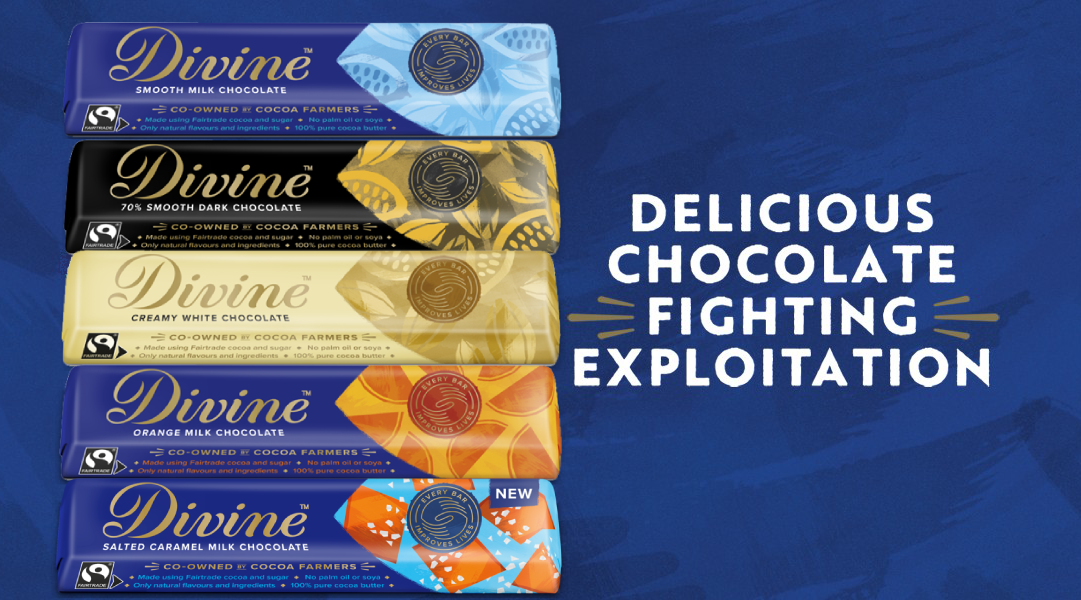 A selection of Divine Chocolate Bars with the words "Delicious Chocolate Fighting Exploitation" next to them